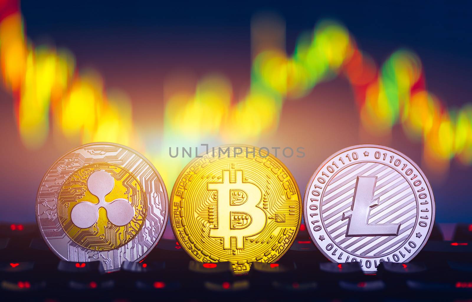 Crypto currency coin set collection, bitcoin, ethereum, litecoin, ripple. Digital currency. Cryptocurrency. Silver and golden coins with bitcoin, ripple, litecoin and ethereum symbol.