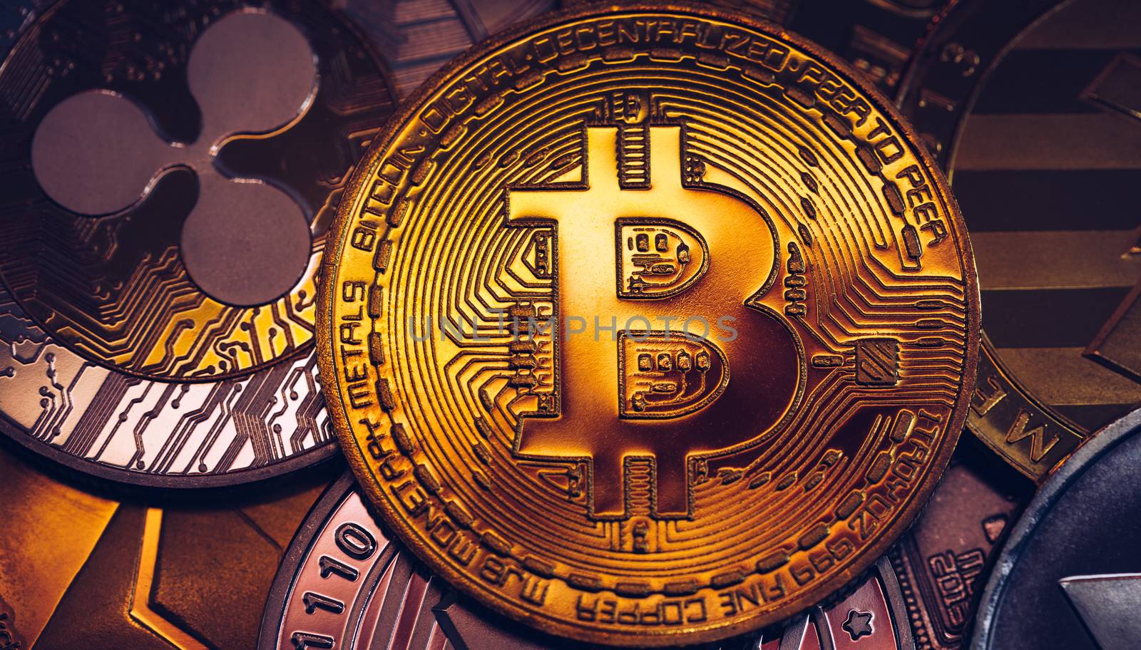 Crypto currency coin set collection, bitcoin, ethereum, litecoin, ripple. Digital currency. Cryptocurrency. Silver and golden coins with bitcoin, ripple, litecoin and ethereum symbol.