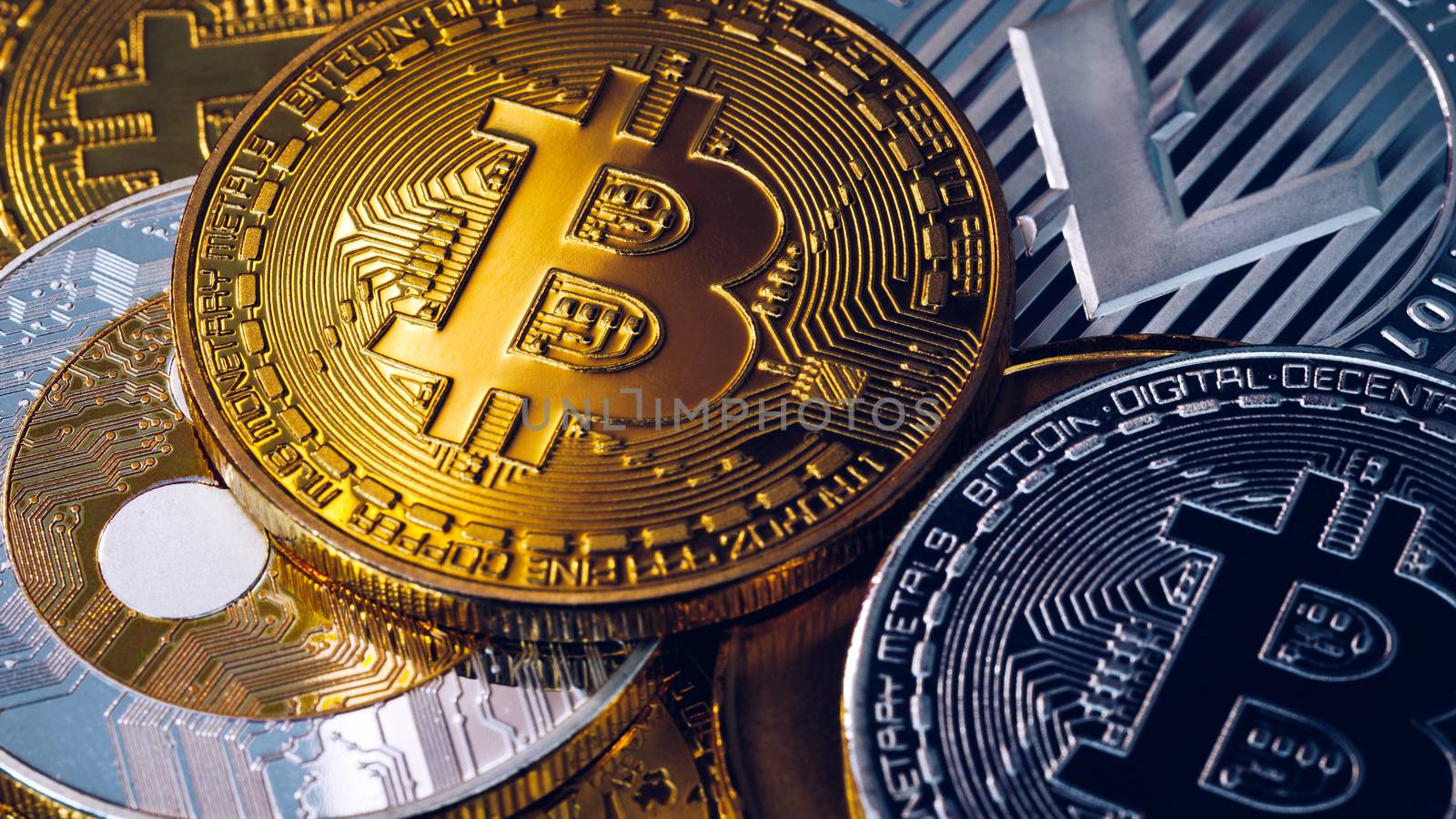 Crypto currency coin set collection, bitcoin, ethereum, litecoin, ripple. Digital currency. Cryptocurrency. Silver and golden coins with bitcoin, ripple, litecoin and ethereum symbol.