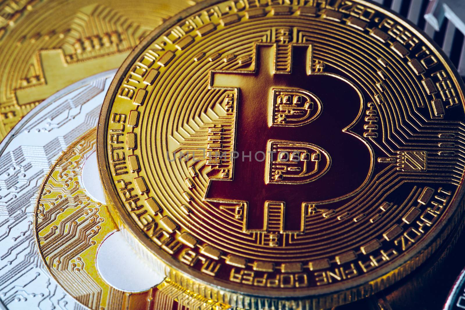 Crypto currency coin set collection, bitcoin, ethereum, litecoin, ripple. Digital currency. Cryptocurrency. Silver and golden coins with bitcoin, ripple, litecoin and ethereum symbol.