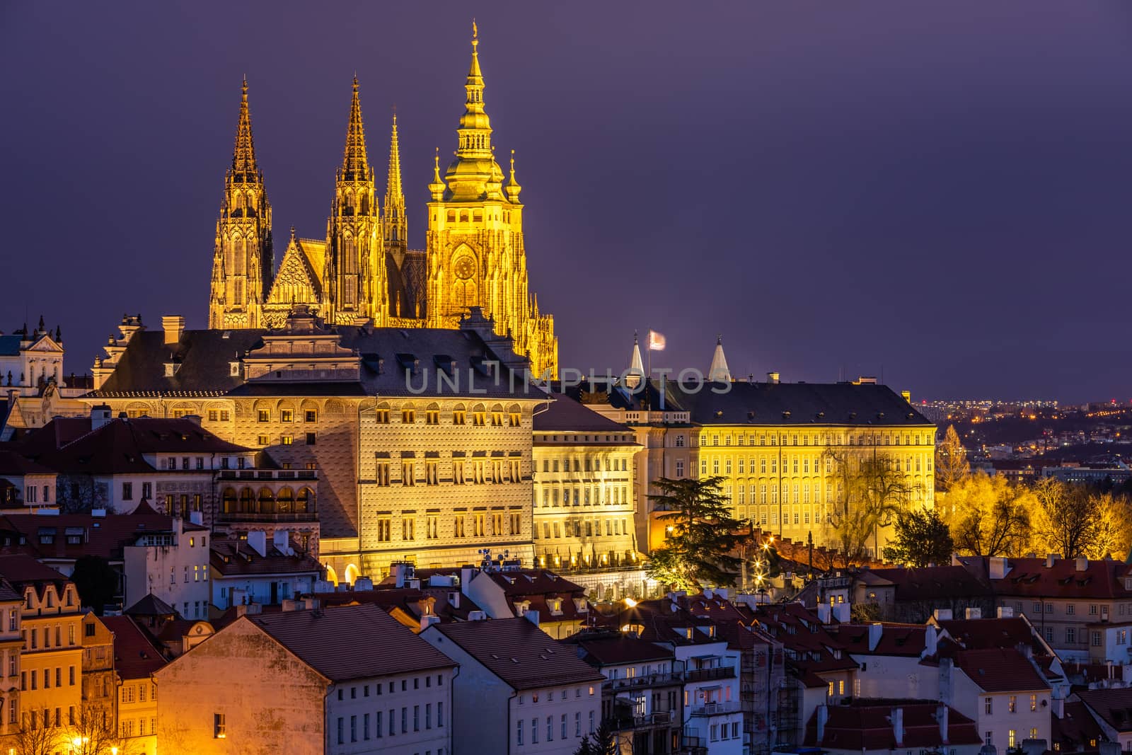 Prague Castle and Lesser Town panorama by night. View from Petrin Hill. Prague, Czech Republic. View of Prague Castle from Strahov monastery at night. Prague, Czech Republic 