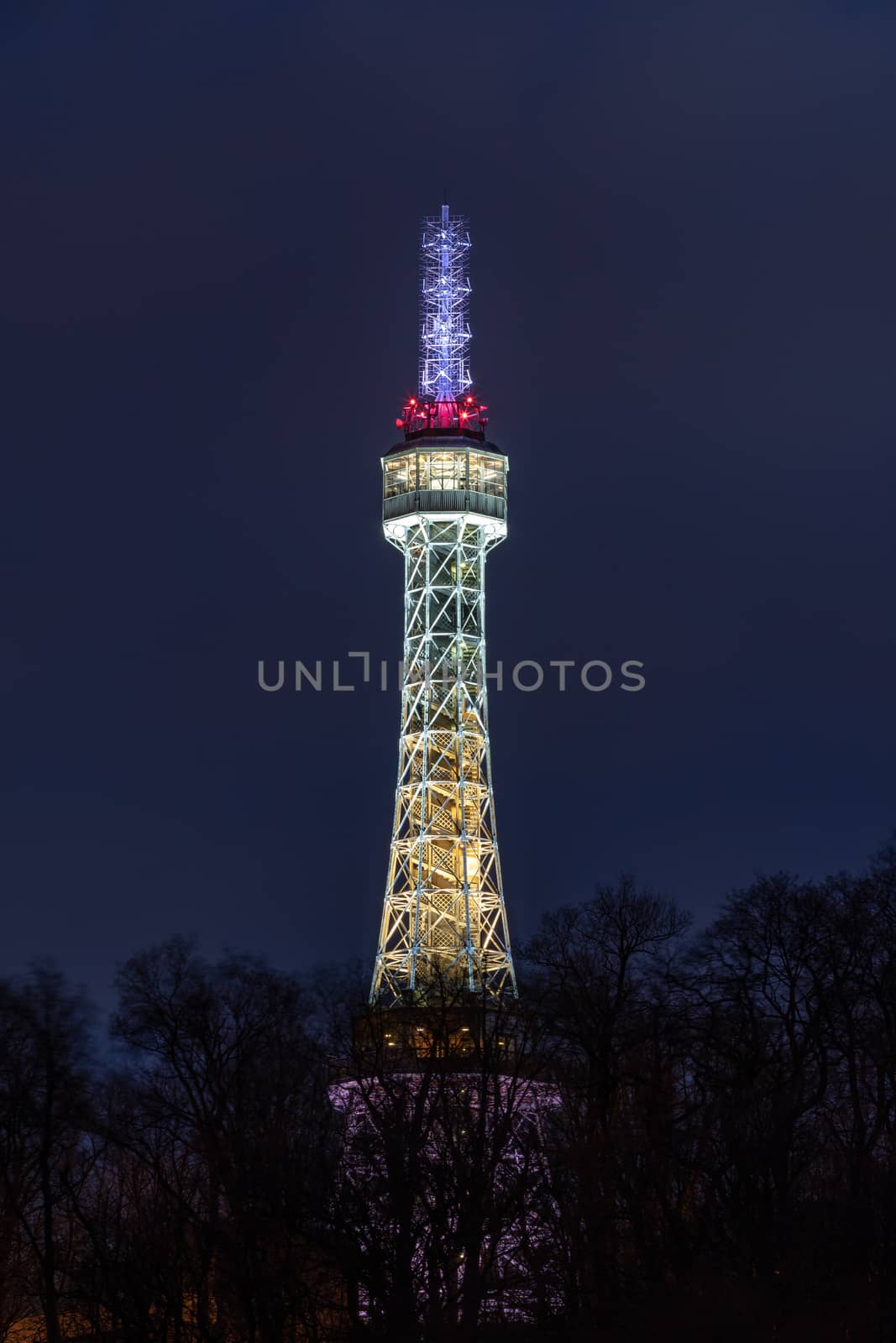 Petrin Lookout Tower in Prague in the night. Prague Lookout Tower on Petrin hill with the night illumination. 