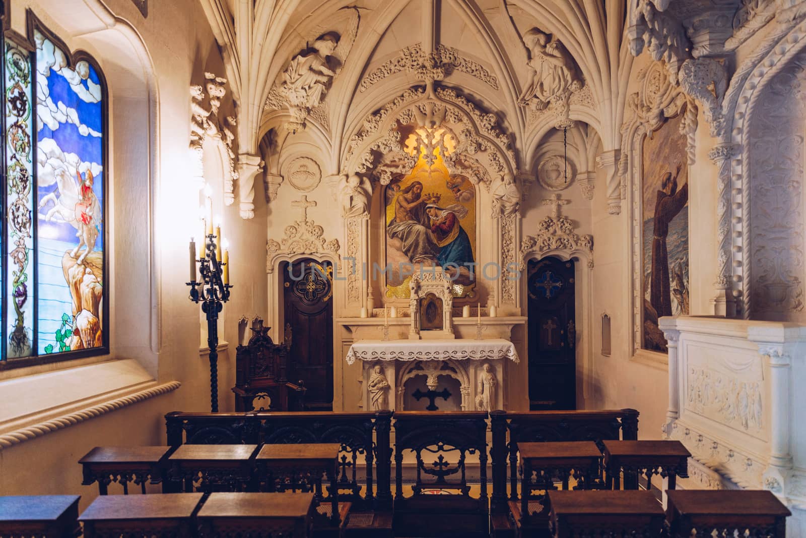 Church or Chapel at Quinta da Regaleira gothic architecture. The view to the Regaleira Chapel in the Quinta da Regaleira estate park. Sintra. Portugal