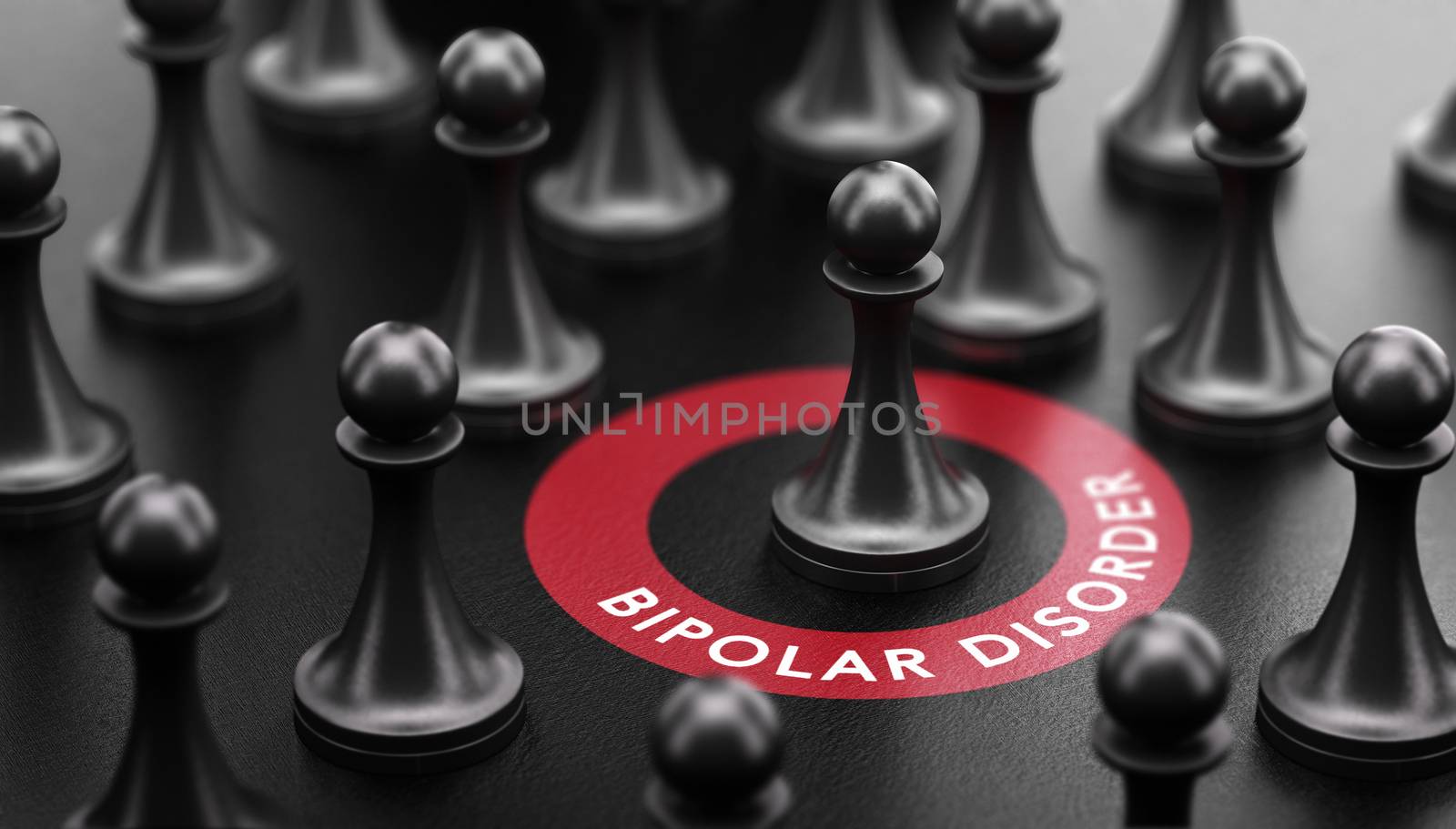 3d illustration of pawns over black background and a red circle with the text bipolar disorder. Mental illness concept. 