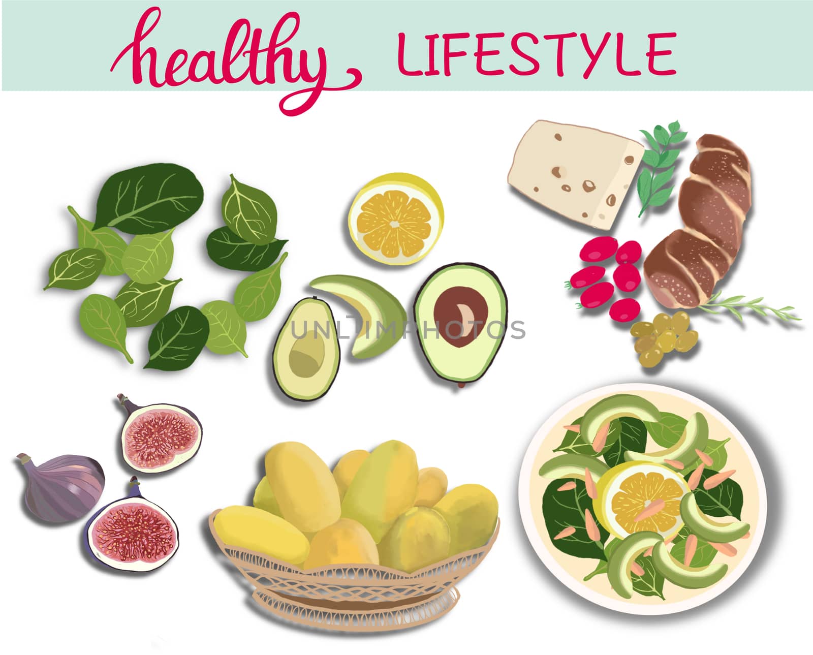 illustration with fresh organic healthy food. by Margolana