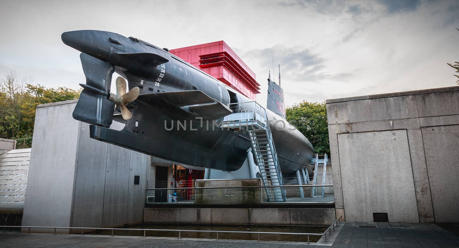 Paris, France - October 6, 2018: exhibition of the Argonaute, French submarine S636 put into service on October 23, 1958 and disarmed on July 31, 1982, opened to the public since 1991 in front of the City of Science and Industry