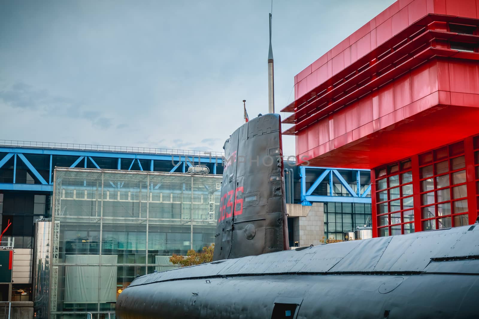 Paris, France - October 6, 2018: exhibition of the Argonaute, French submarine S636 put into service on October 23, 1958 and disarmed on July 31, 1982, opened to the public since 1991 in front of the City of Science and Industry