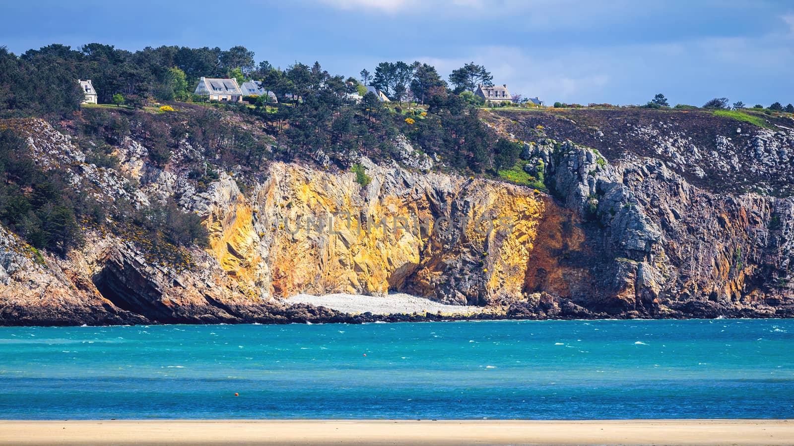 Beautiful village of Morgat with the sand beach and rocky coastline, Finistere, Brittany (Bretagne), France.