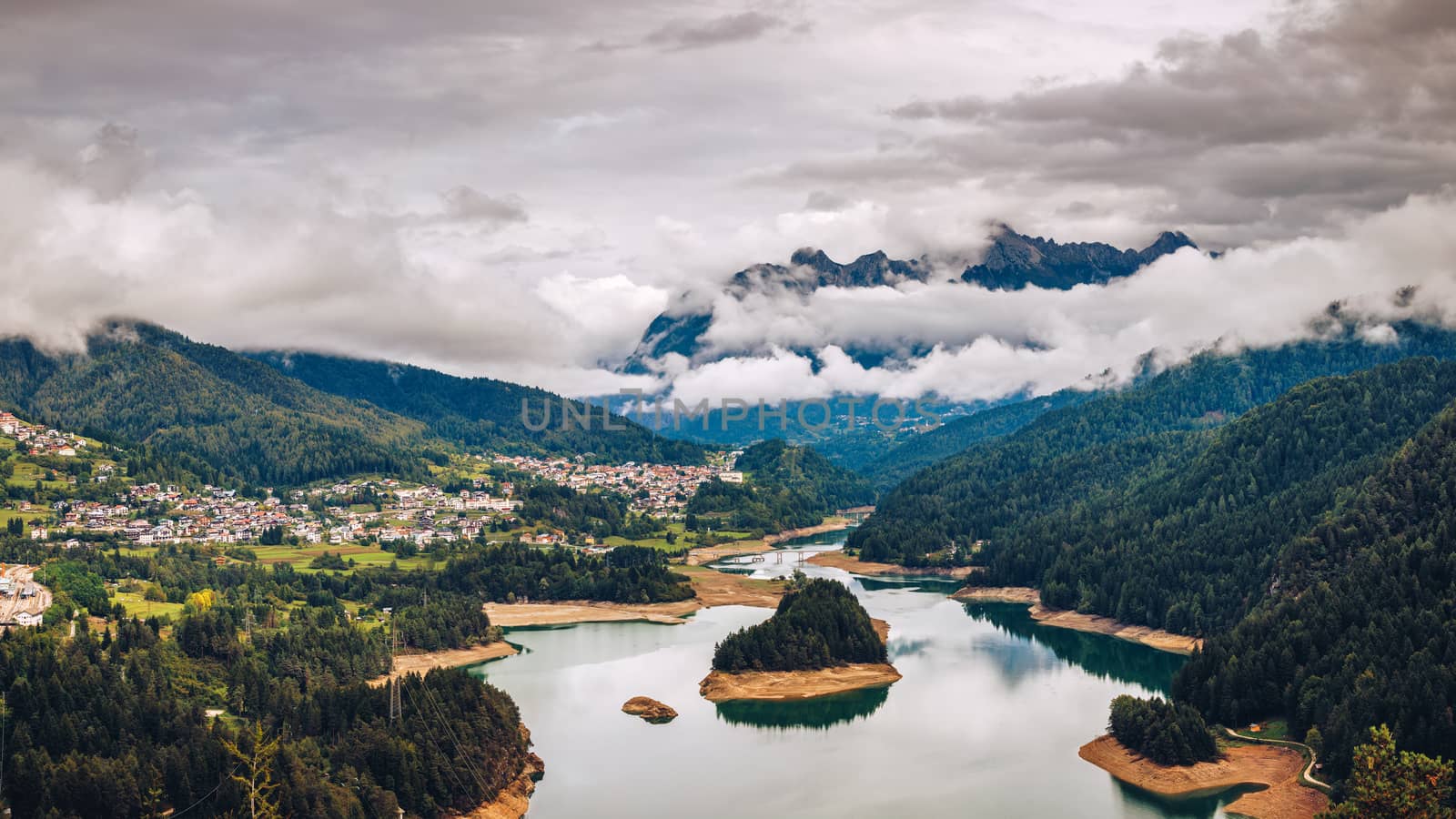 Panoramic view of lake of Centro Cadore in the Alps in Italy, Dolomites, near Belluno.