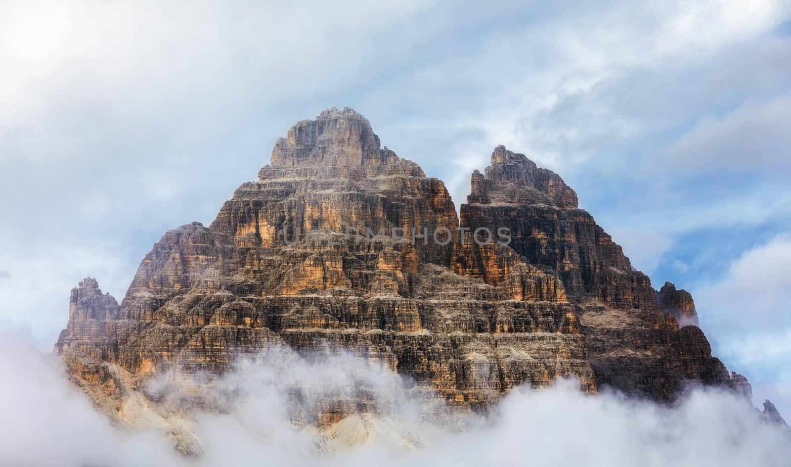 Drei Zinnen or Tre Cime di Lavaredo, Sextener Dolomiten or Dolomiti di Sesto, South Tirol, Dolomiten mountains view, Italian Alps