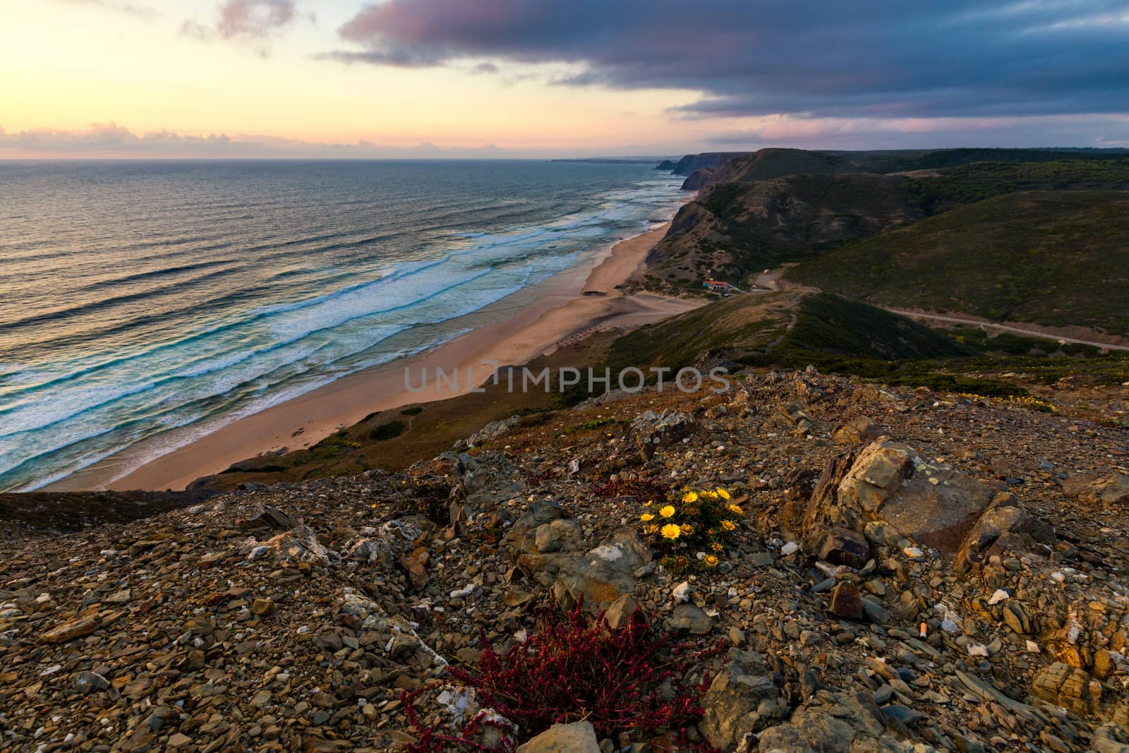 Praia da Cordoama at sunset. Praia do Cordoama near Vila do Bispo in the Algarve. Cordoama beach, West Atlantic coast of Algarve region, south of Portugal. Located in Vila do Bispo municipality.