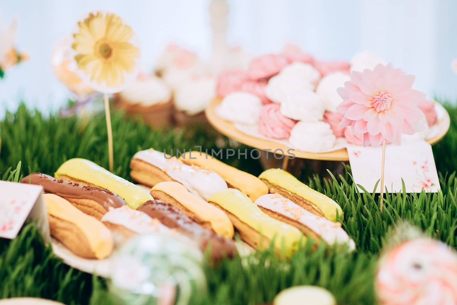 Marshmallow and cake on grass decorated candy bar