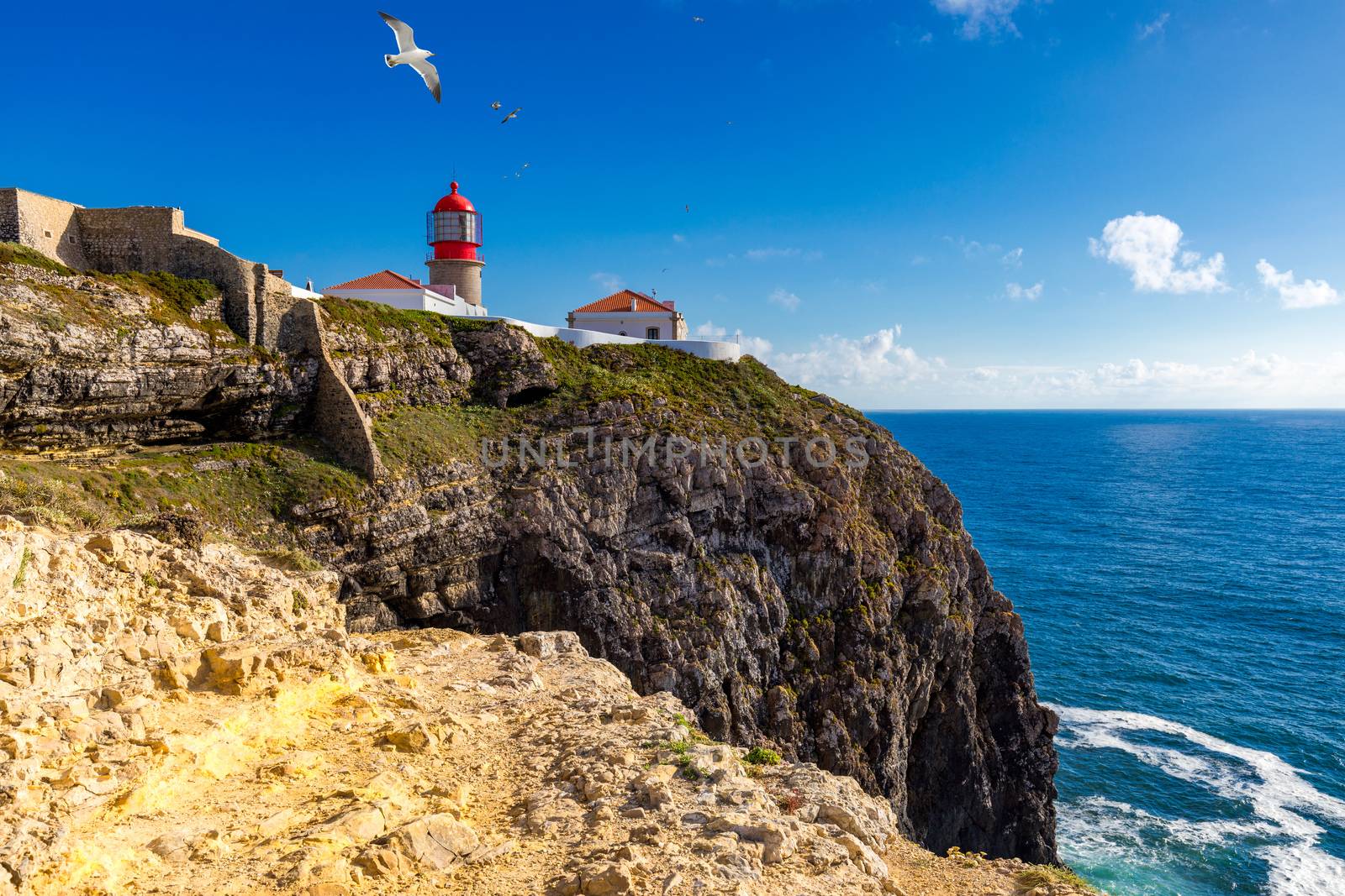 Lighthouse of Cabo Sao Vicente, Sagres, Portugal. Farol do Cabo Sao Vicente (built in october 1851) Cabo de Sao Vicente is the South Western tip of Europe, Sagres, Portugal.