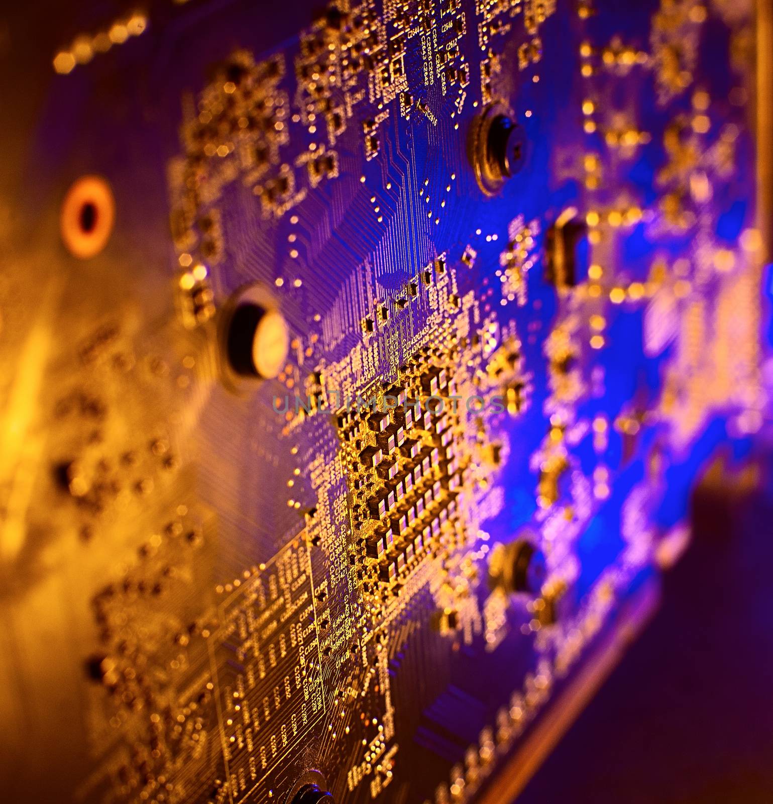 Electronics in blue-yellow light. Microelectronics in neon light by Opikanets