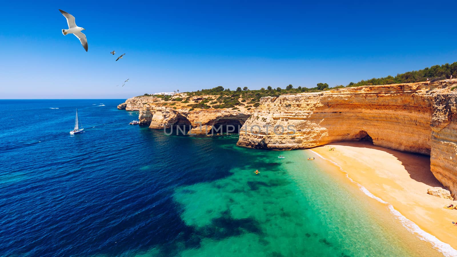 Corredoura Beach, sighted viewpoint on the trail of the Seven Suspended Valleys (Sete Vales Suspensos). Praia da Corredoura with flying seagulls near Benagil village, Algarve, Portugal.