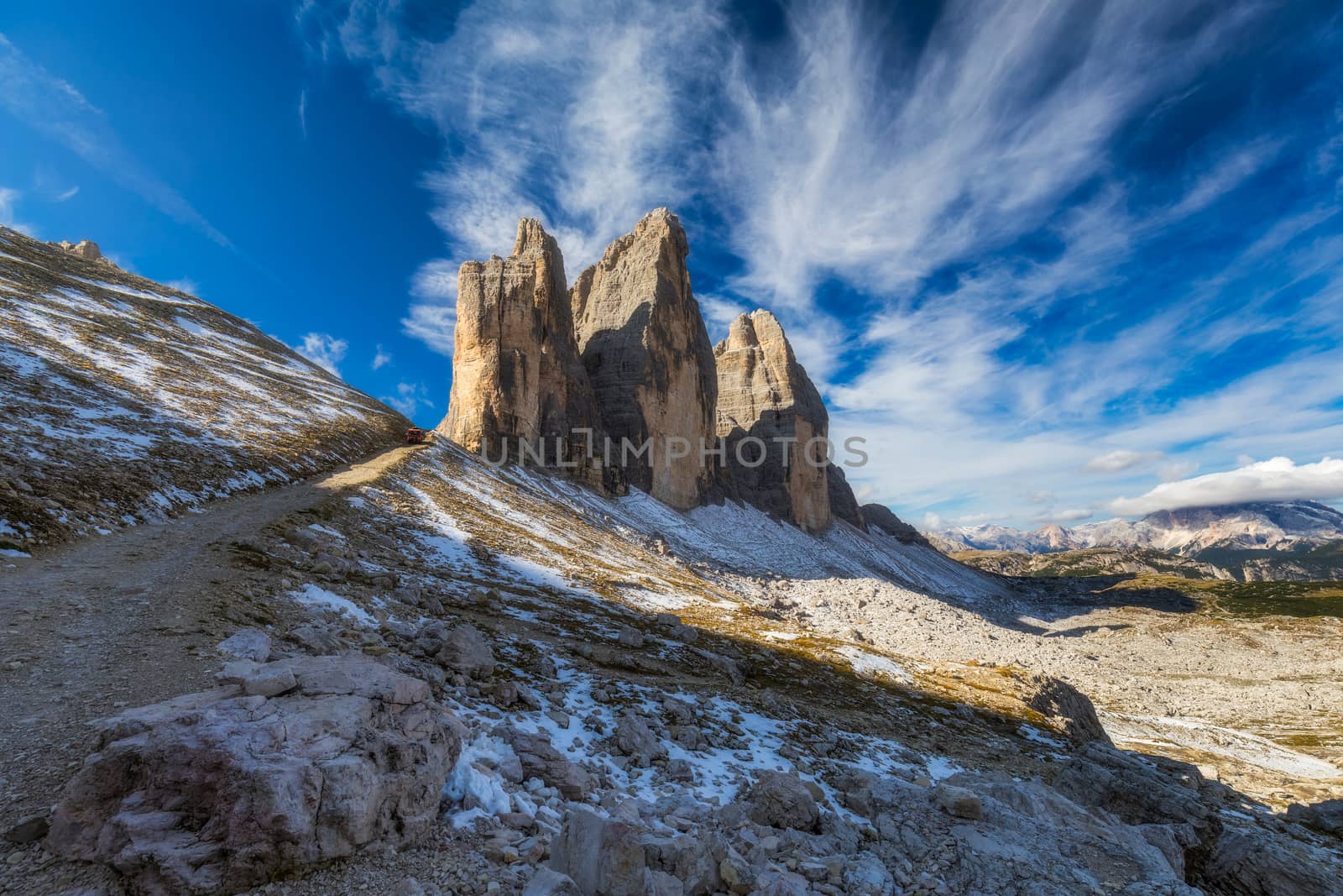 View of the National Park Tre Cime di Lavaredo, Dolomites, South Tyrol. Location Auronzo, Italy, Europe. Dramatic cloudy sky. Beauty world.