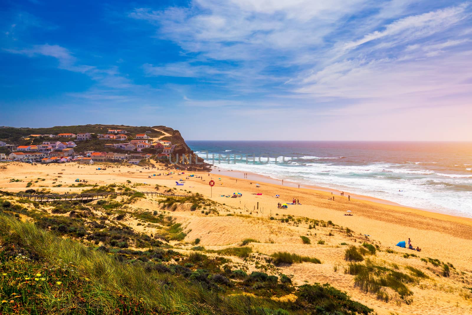 View of the Monte Clerigo beach on the western coastline of Portugal, Algarve. Stairs to beach Praia Monte Clerigo near Aljezur, Costa Vicentina, Portugal, Europe.