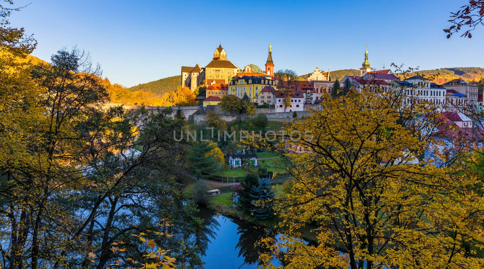 Colorful town and Castle Loket over Eger river in the near of Karlovy Vary, Czech Republic