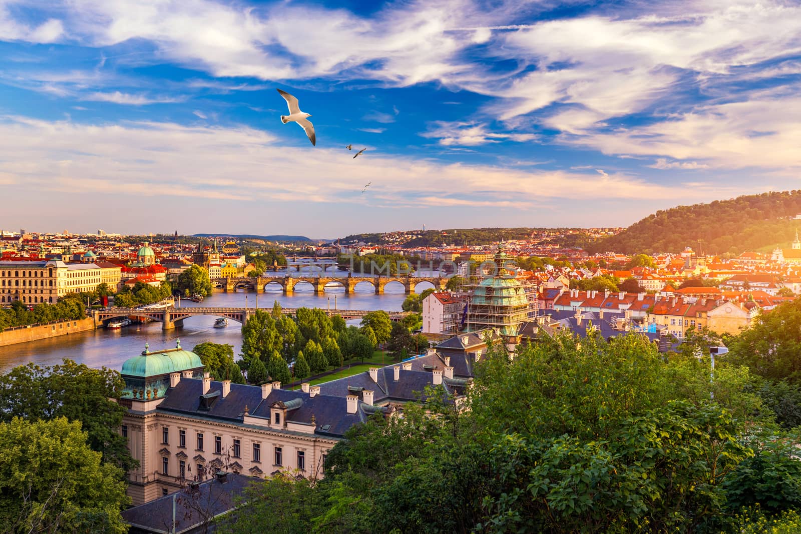 Old Town pier architecture and Charles Bridge over Vltava river in Prague with seagulls, Czech Republic. Prague iconic Charles Bridge (Karluv Most) and Old Town Bridge Tower at sunset, Czechia.