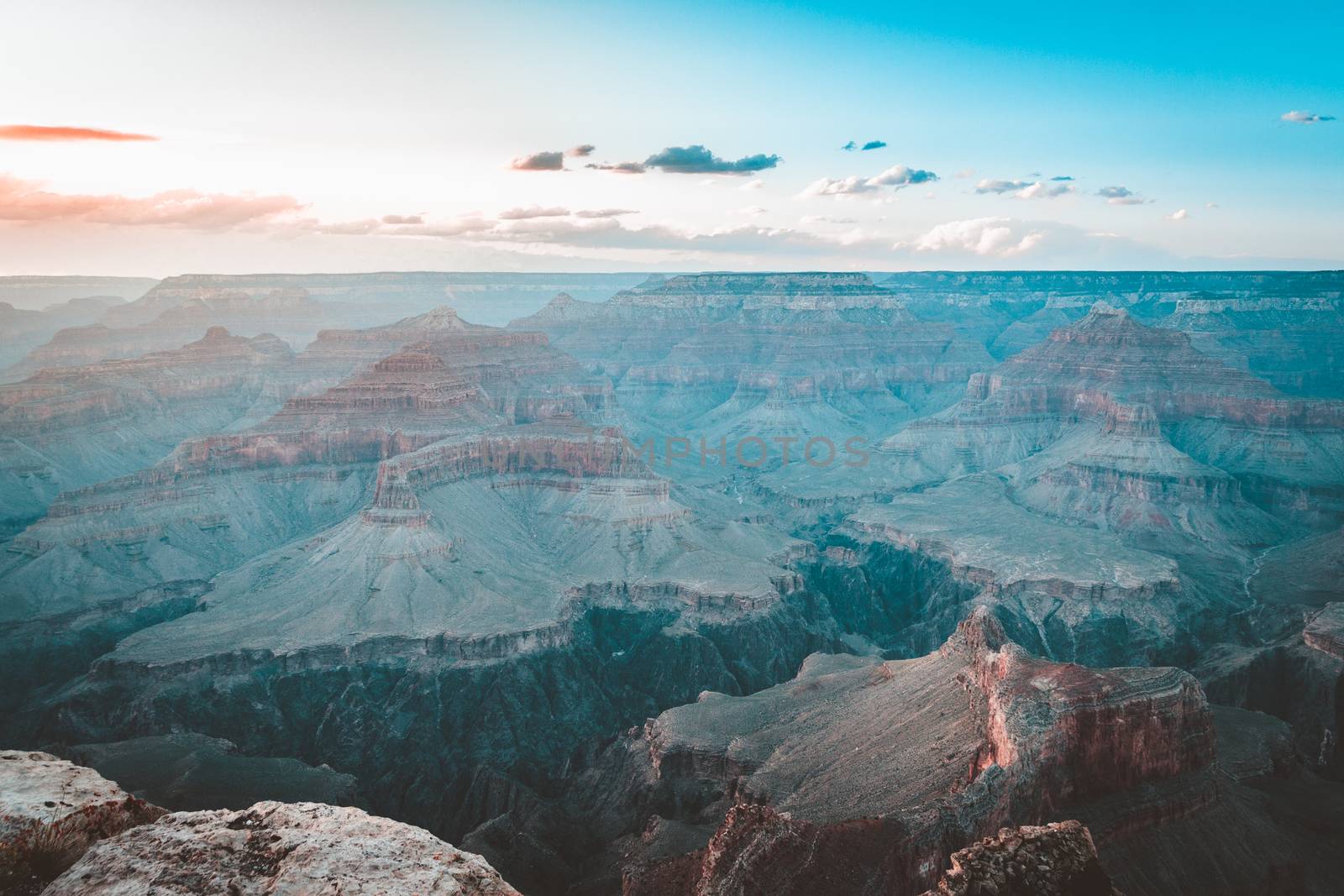 Colors and layers from the southern rim of Grand Canyon National Park in Arizona, USA.Teal and orange view.