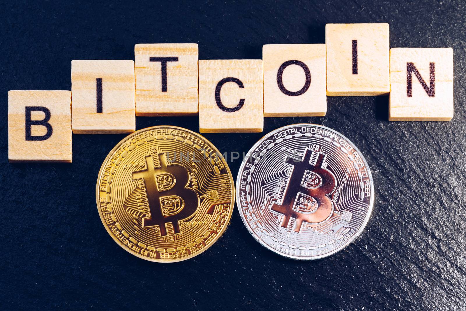 Bitcoin cryptocurrency (crypto currency). Silver Bitcoin and golden Bitcoin symbol. Bitcoin (BTC) cryptocurrency.