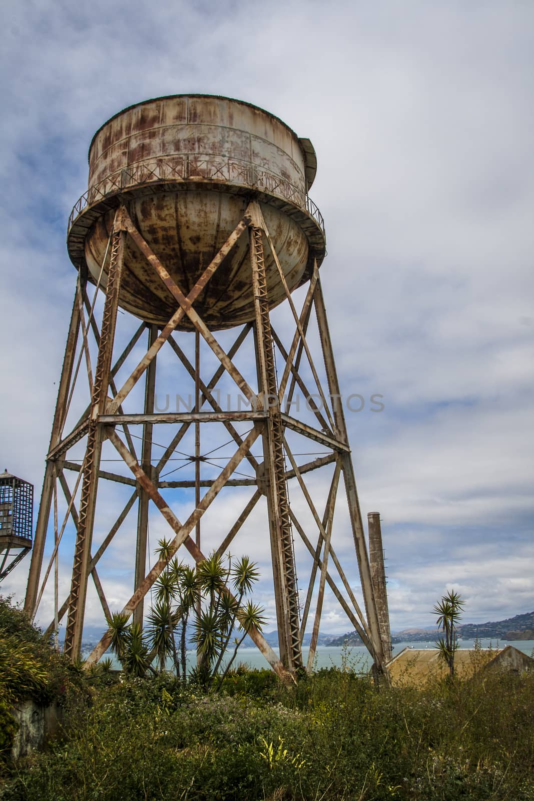 Rusty water tower and water tank in Alcatraz, San Francisco, California.