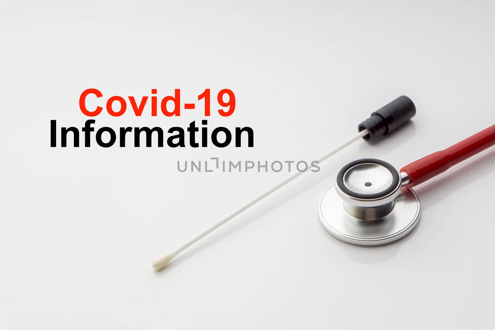 COVID-19 INFORMATION text with medical swab on white background by silverwings