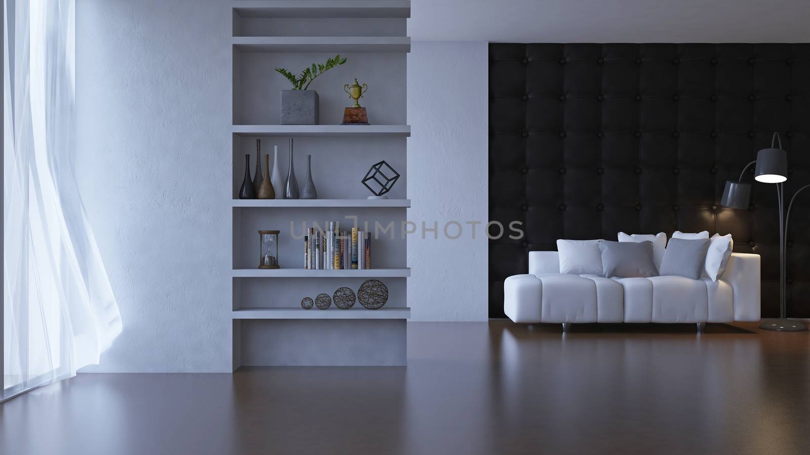 3d rendering of living room. A lot of decoration objects place on the built in shelf in the concrete wall. White sofa and dark desk lamp on timber floor which have leather wall as background