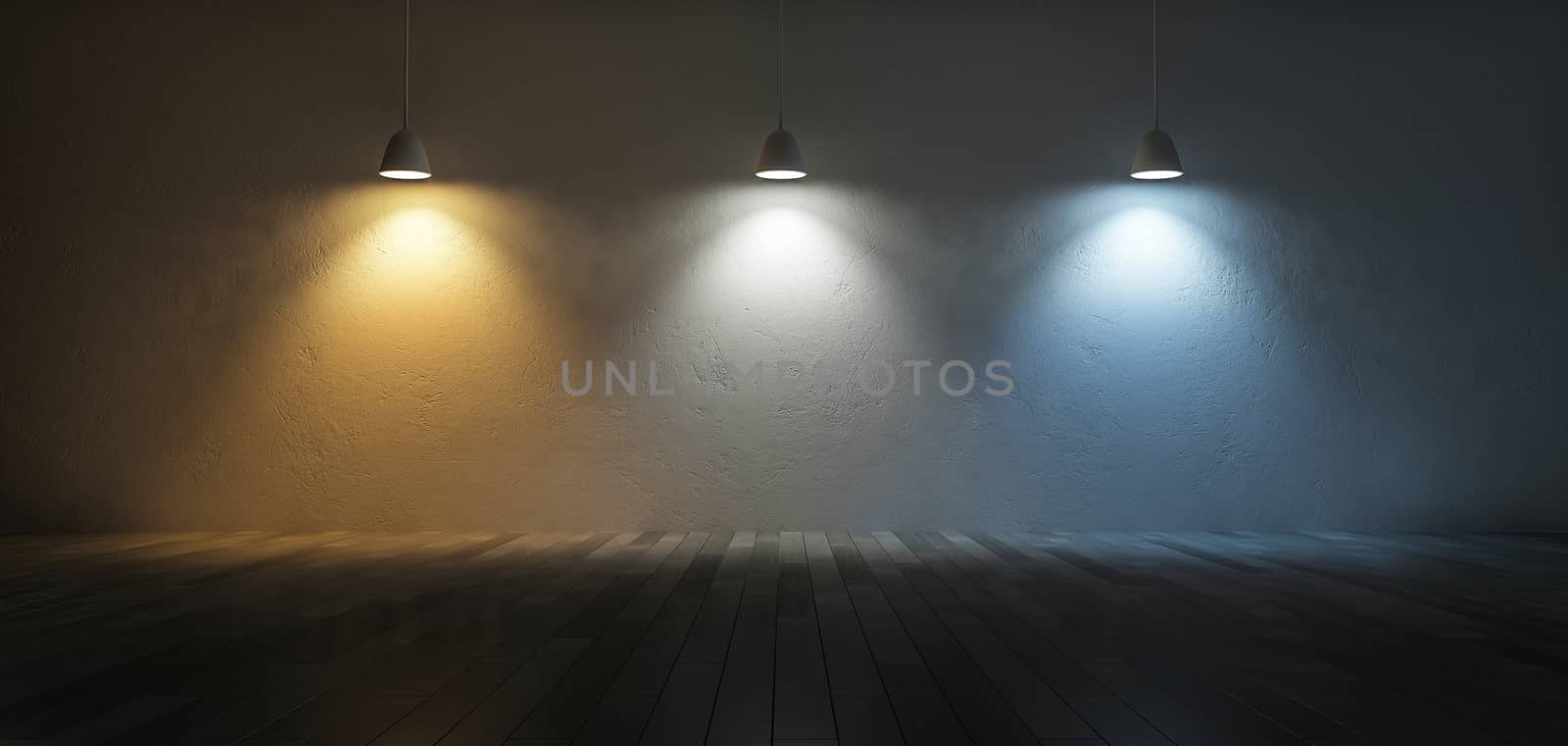 3D rendering image of 3 hanging lamps which use different bulbs. Color temperature scale. Cool white,warm white, day light. 3 colors of light on the cracked concrete wall and wooden floor