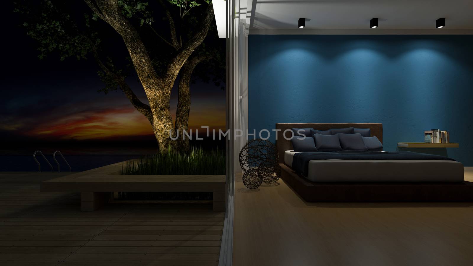3d rendering image of bed room in the seaside house which have big tree on wooden terrace , infinity swimming pool, leaves shadow on floor,night view,sunset time