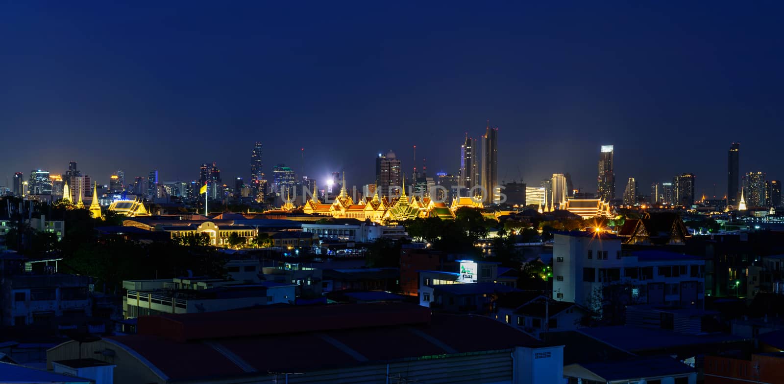 Bangkok , Thailand - 19 June, 2020: Panorama view of Wat Phra Keaw Public landmark in Thailand in night time and city in background