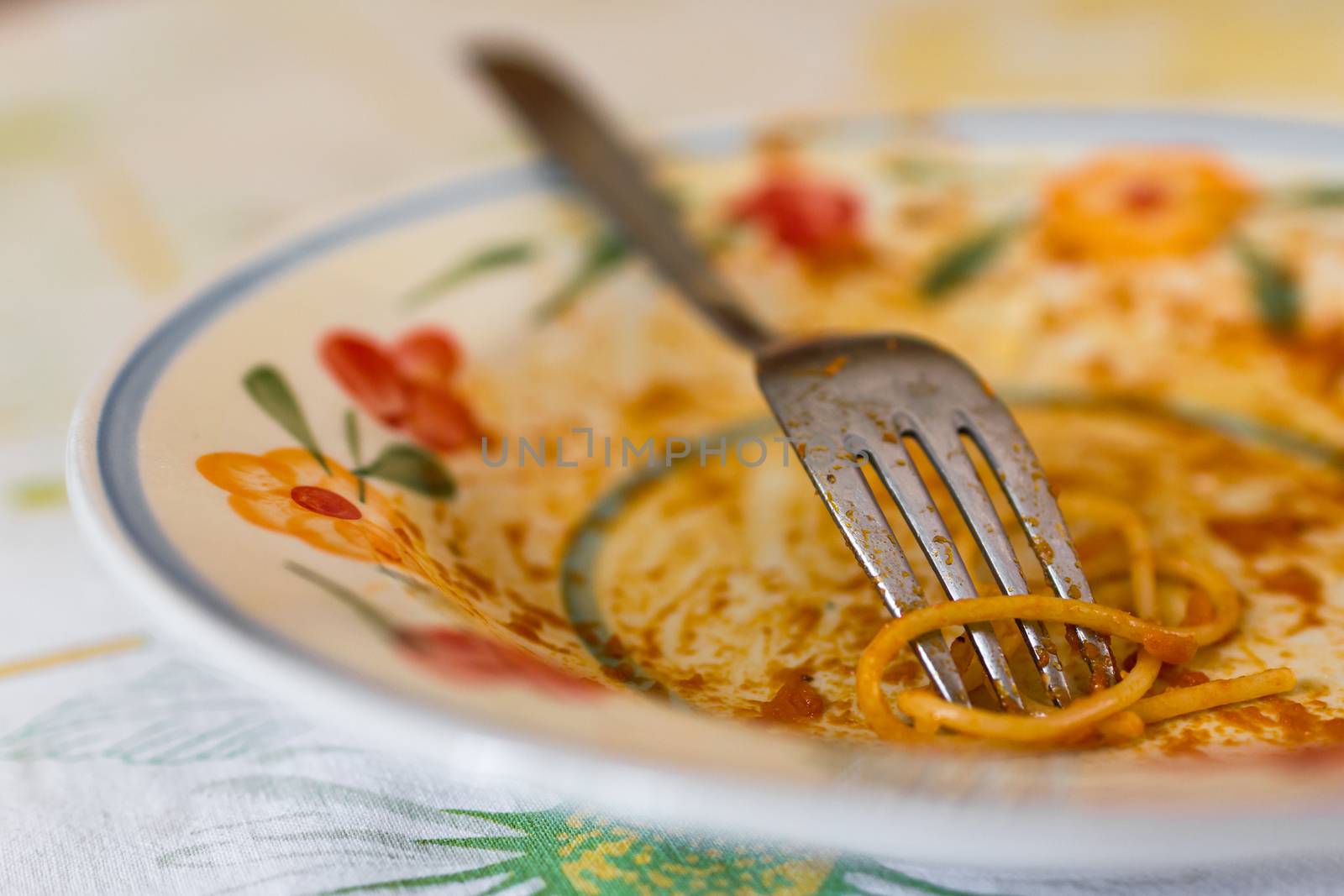 Extreme close-up of a plate of spaghetti eaten.
