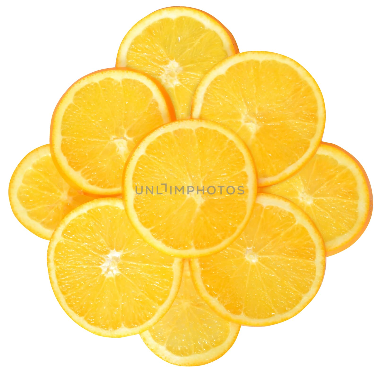 Ripe slice orange top view on a white background