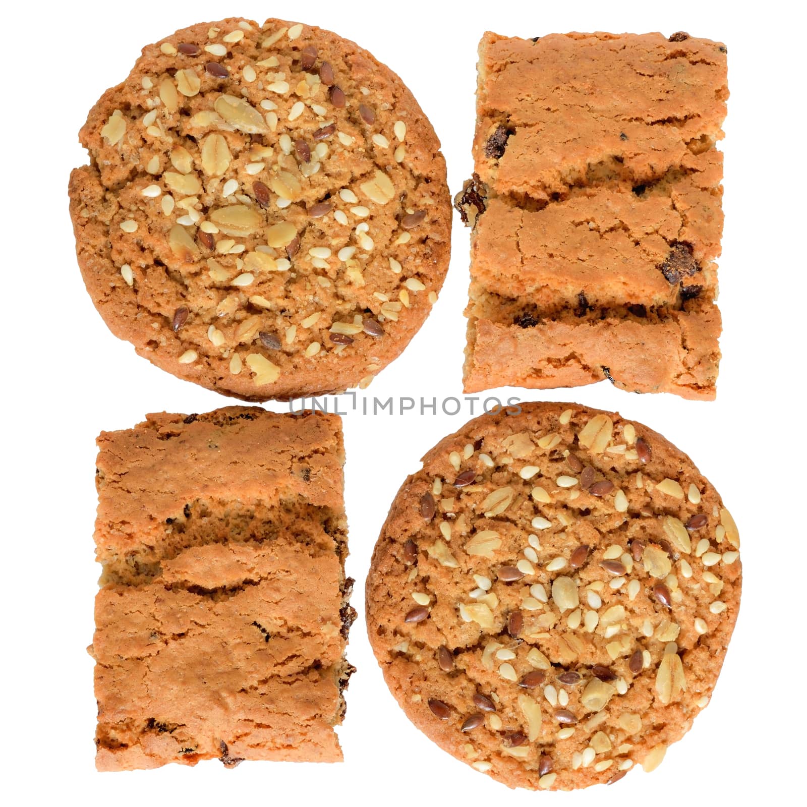 Appetizing chip cookies close-up top view isolated on white background.