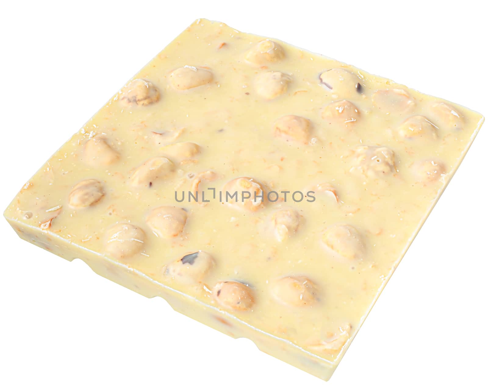 White chocolate with whole almond nuts top view Isolated on a white background.