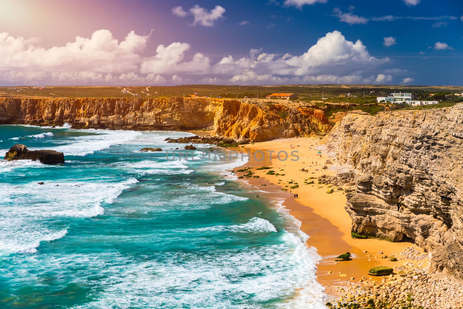 Panorama view of Praia do Tonel (Tonel beach) in Cape Sagres, Algarve, Portugal. Praia Do Tonel, beach located in Alentejo, Portugal. Ocean waves on Praia Do Tonel beach. View from Sagres fortress.