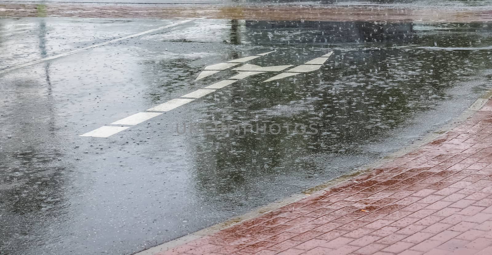Heavy rain drops falling on city street during downpour. Wet ashpalt road texture.