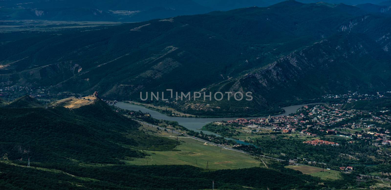 View to the old capital city of Georgian Kingdom - Mtskheta, close to Tbilisi, with  Djvari monastery and old town