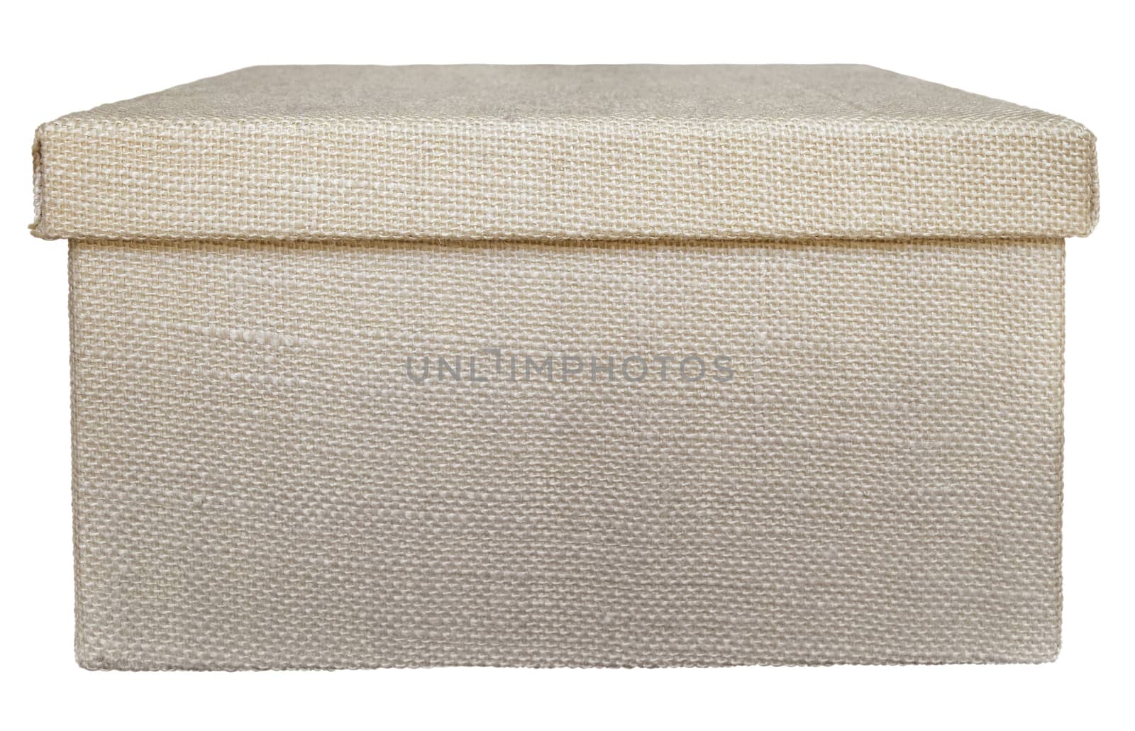Closed beige box wrapped by burlap canvas isolated on a white background. Clipping path included.