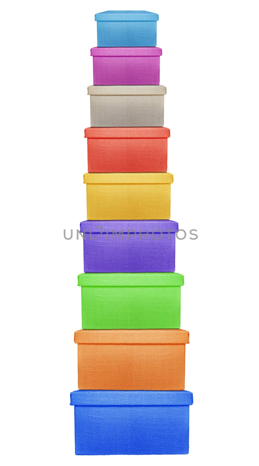 Stack of colorful boxes wrapped by burlap canvas isolated on a white background