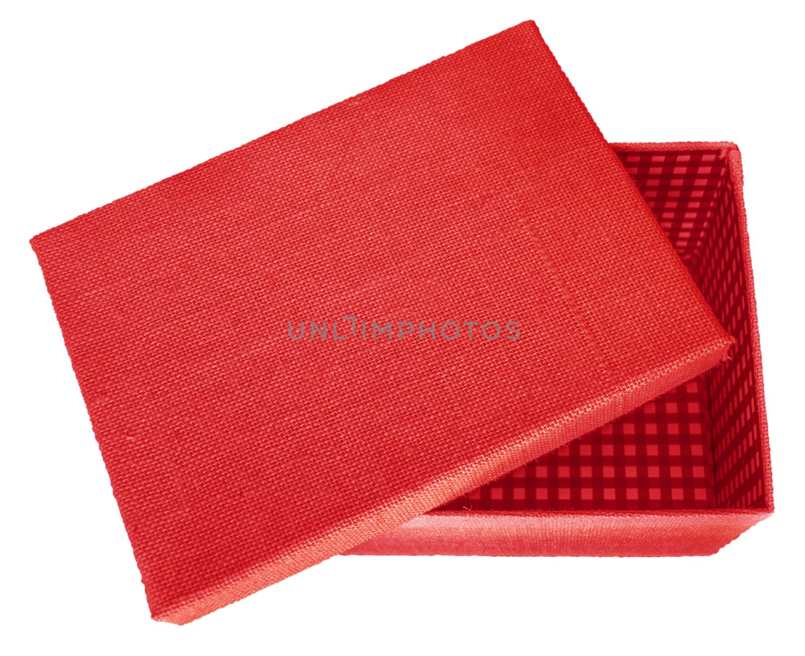 Opened red box wrapped by burlap canvas isolated on a white background. Clipping path included.