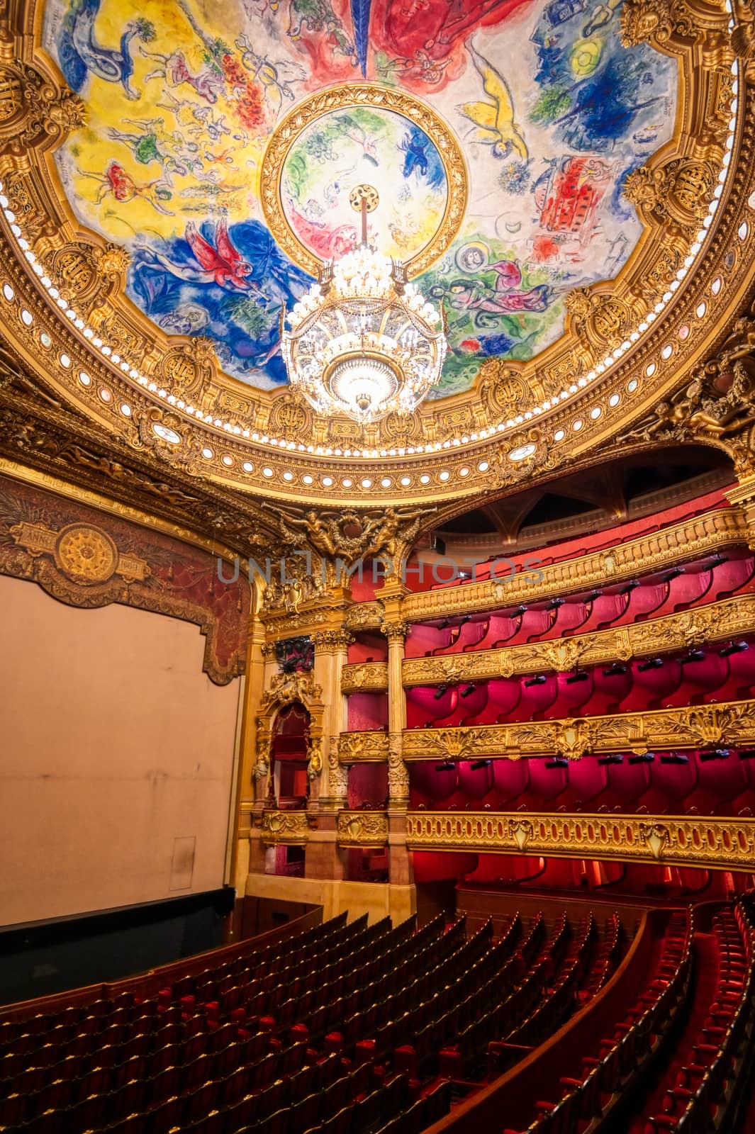 Paris, France - April 23, 2019 - The auditorium of the Palais Garnier located in Paris, France.