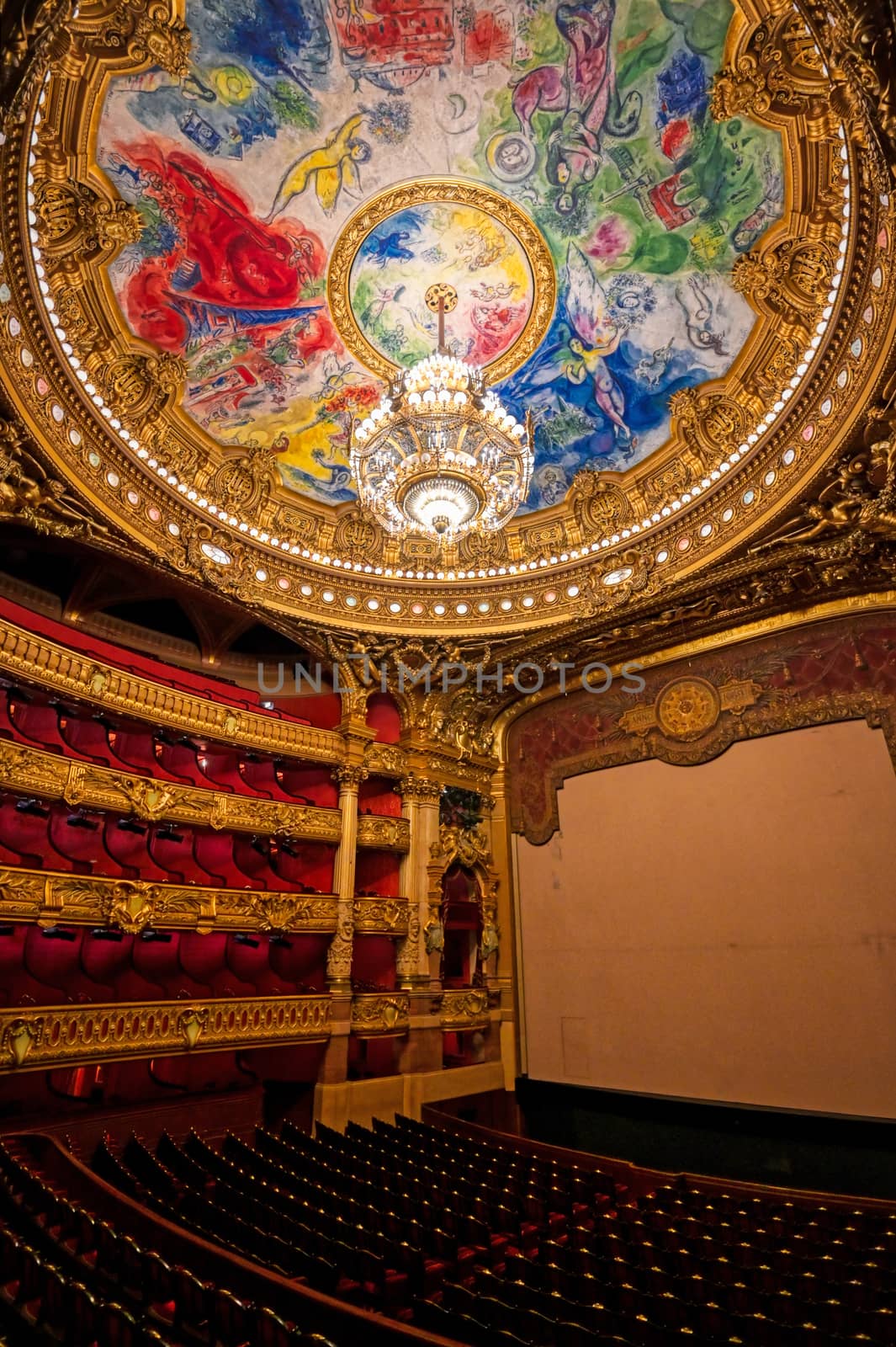 Paris, France - April 23, 2019 - The auditorium of the Palais Garnier located in Paris, France.