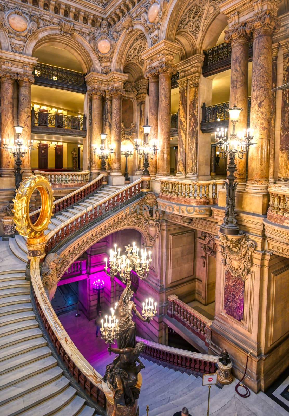 Paris, France - April 23, 2019 - The Grand Staircase at the entry to the Palais Garnier located in Paris, France.