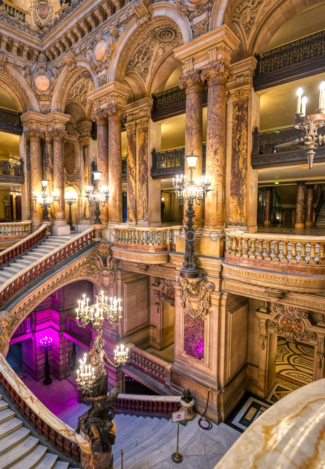 Paris, France - April 23, 2019 - The Grand Staircase at the entry to the Palais Garnier located in Paris, France.