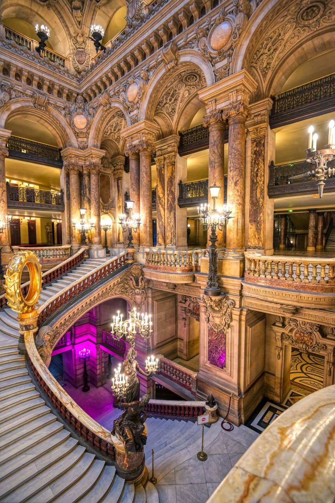 Paris, France - April 23, 2019 - The Grand Staircase at the entry to the Palais Garnier located in Paris, France.