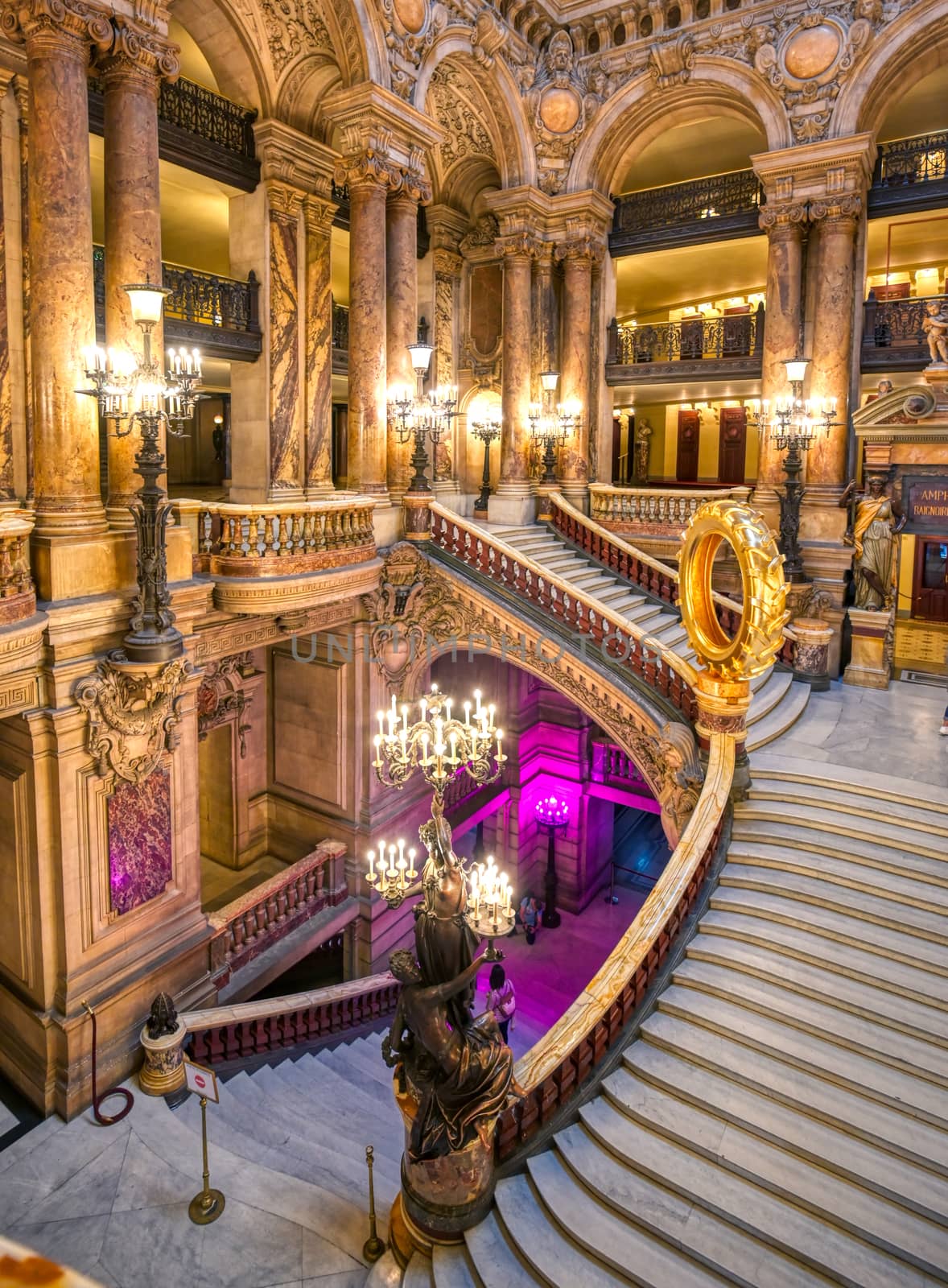 Paris, France - April 23, 2019 - The Grand Staircase at the entry to the Palais Garnier located in Paris, France.