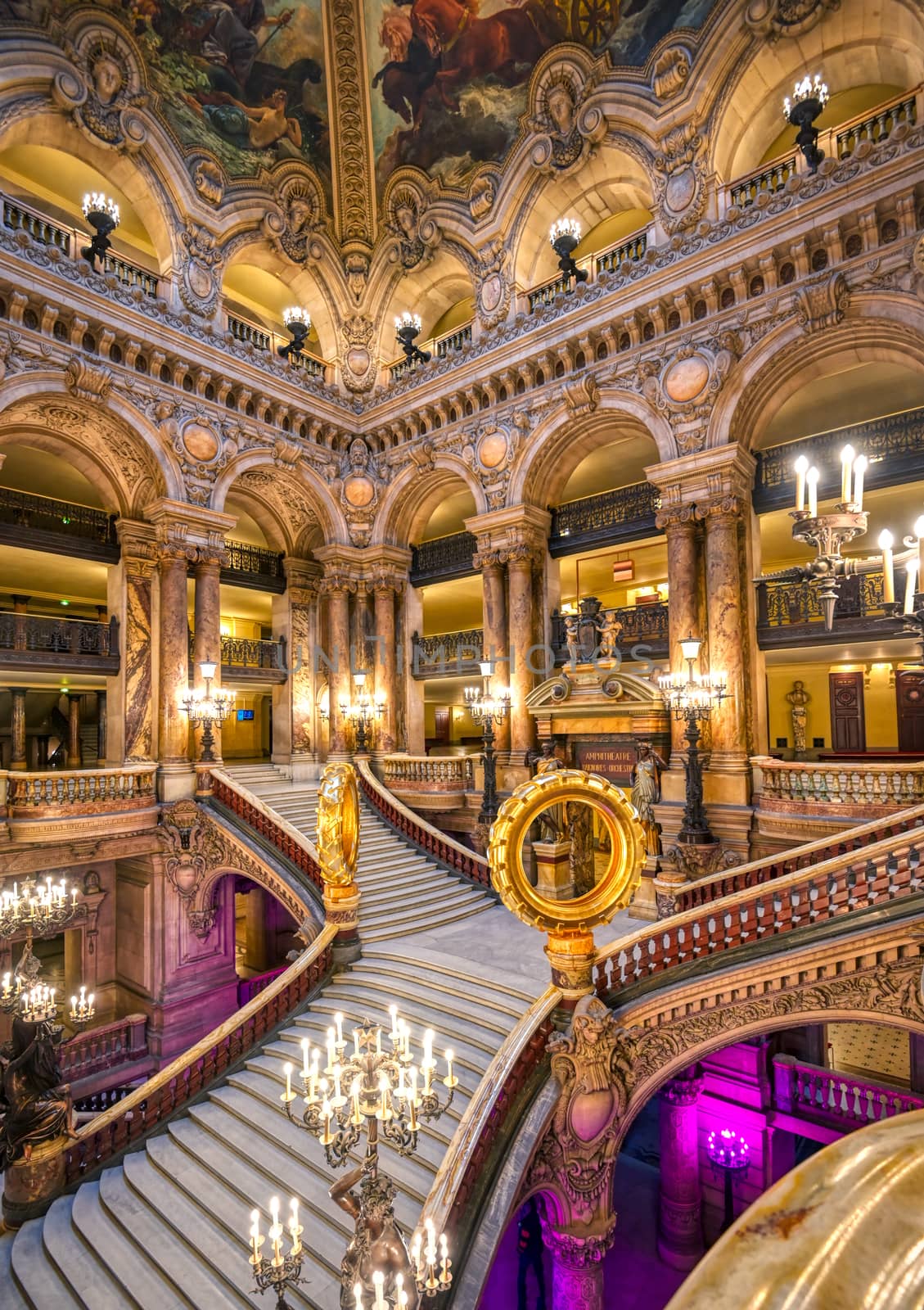 Paris, France - April 23, 2019 - The Grand Staircase at the entry to the Palais Garnier located in Paris, France.