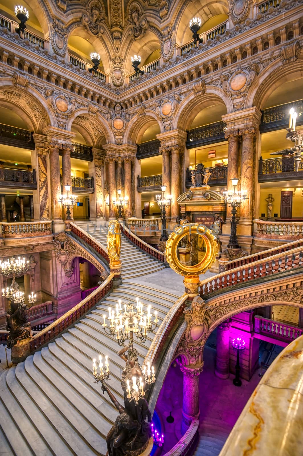 Paris, France - April 23, 2019 - The Grand Staircase at the entry to the Palais Garnier located in Paris, France.