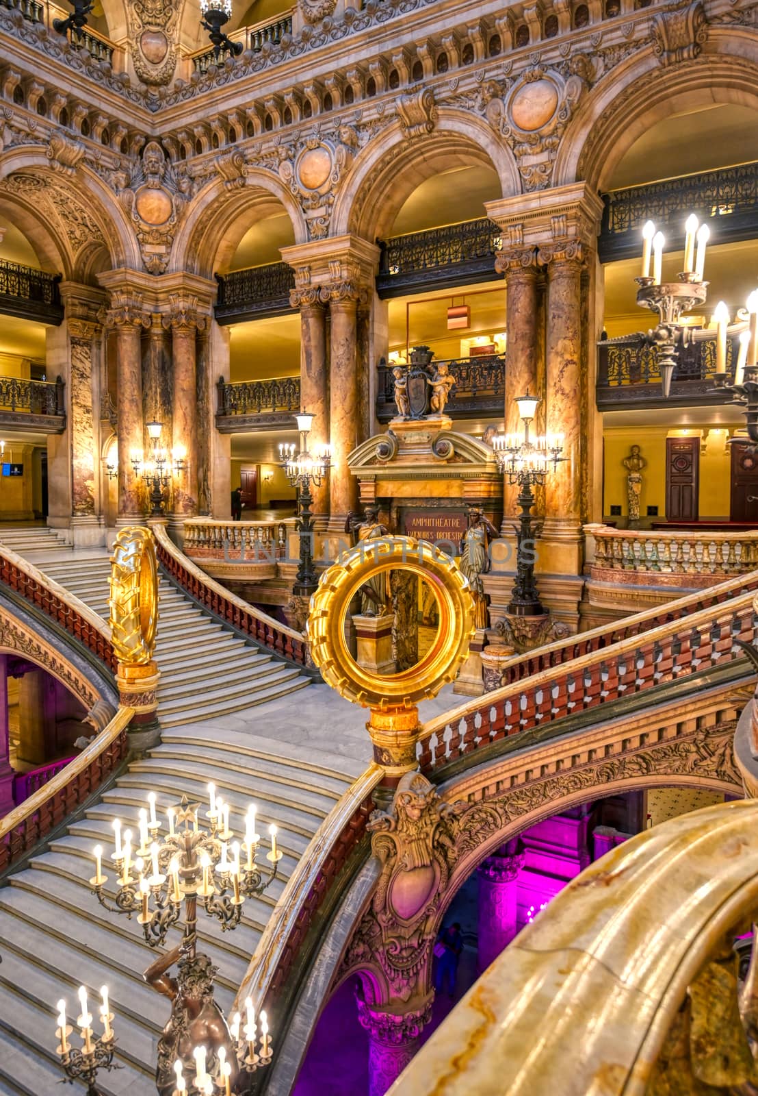 Paris, France - April 23, 2019 - The Grand Staircase at the entry to the Palais Garnier located in Paris, France.